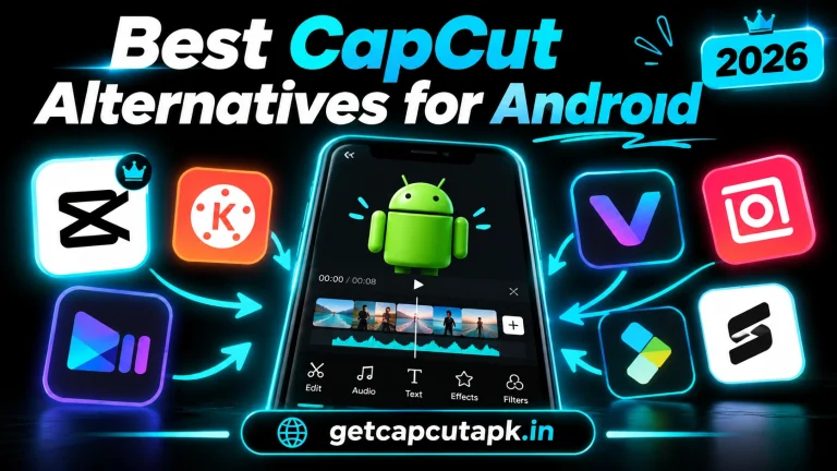 Best CapCut Alternatives for Android, showing a smartphone with Android video editing apps and alternative app icons, black background, cyan accents, and getcapcutapk.in branding.