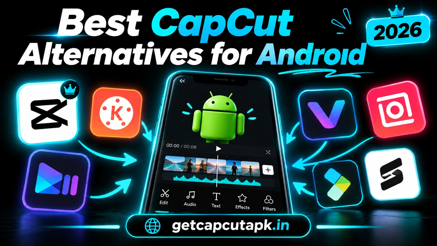 Best CapCut Alternatives for Android, showing a smartphone with Android video editing apps and alternative app icons, black background, cyan accents, and getcapcutapk.in branding.