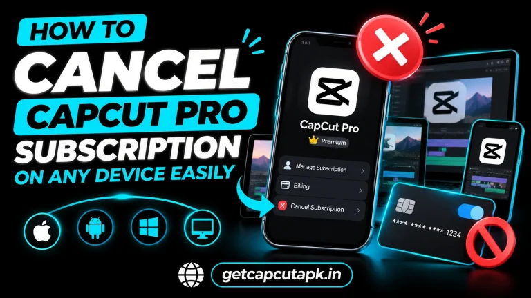 How to Cancel CapCut Pro Subscription on Any Device Easily, showing subscription cancellation, refund-related visuals, device icons, and getcapcutapk.in branding.