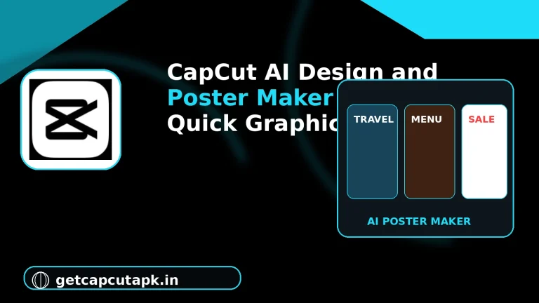 CapCut AI Design and Poster Maker Guide for Quick Graphics, showing AI-generated posters, design cards and quick graphic tools with getcapcutapk.in branding.