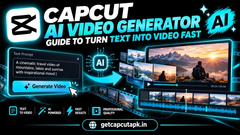 CapCut AI Video Generator Guide to Turn Text Into Video Fast, showing text-to-video creation, AI workflow elements, black background, cyan highlights, and getcapcutapk.in branding.