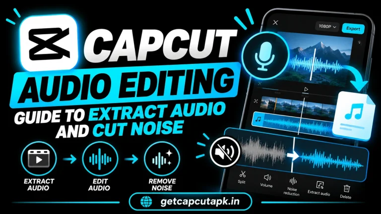 CapCut Audio Editing Guide to Extract Audio and Cut Noise, showing waveforms, extraction tools, noise reduction controls, and getcapcutapk.in branding.