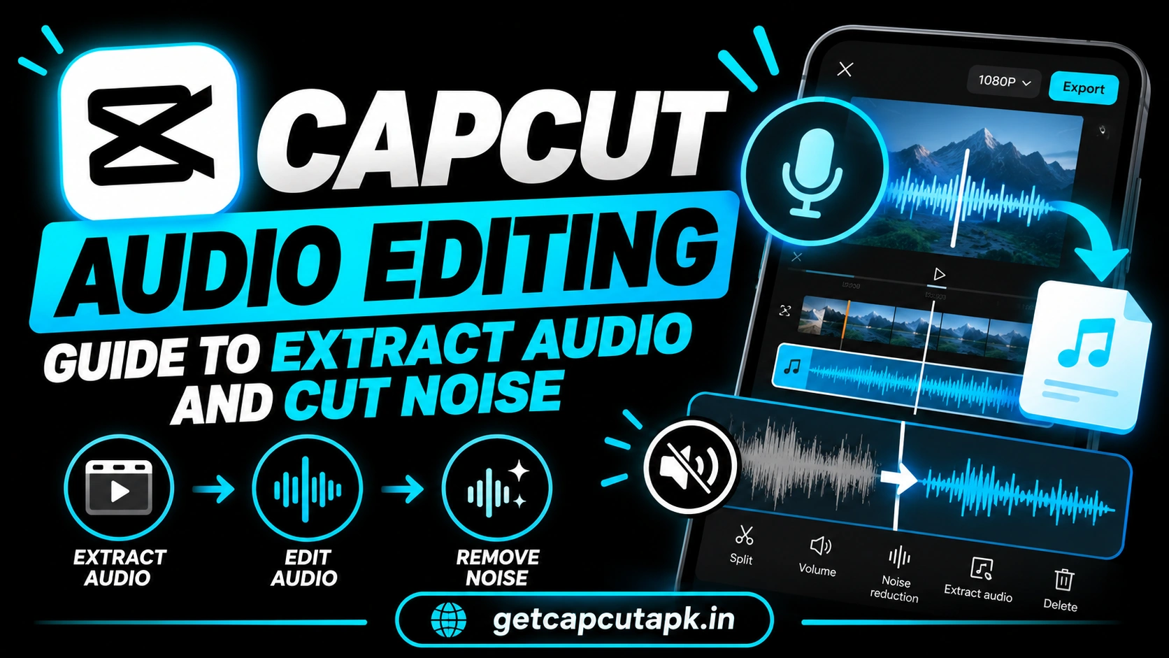 CapCut Audio Editing Guide to Extract Audio and Cut Noise, showing waveforms, extraction tools, noise reduction controls, and getcapcutapk.in branding.