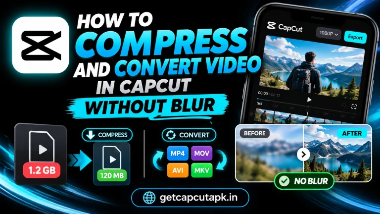 How to Compress and Convert Video in CapCut Without Blur, showing file size reduction, format conversion, before-and-after quality, and getcapcutapk.in branding.