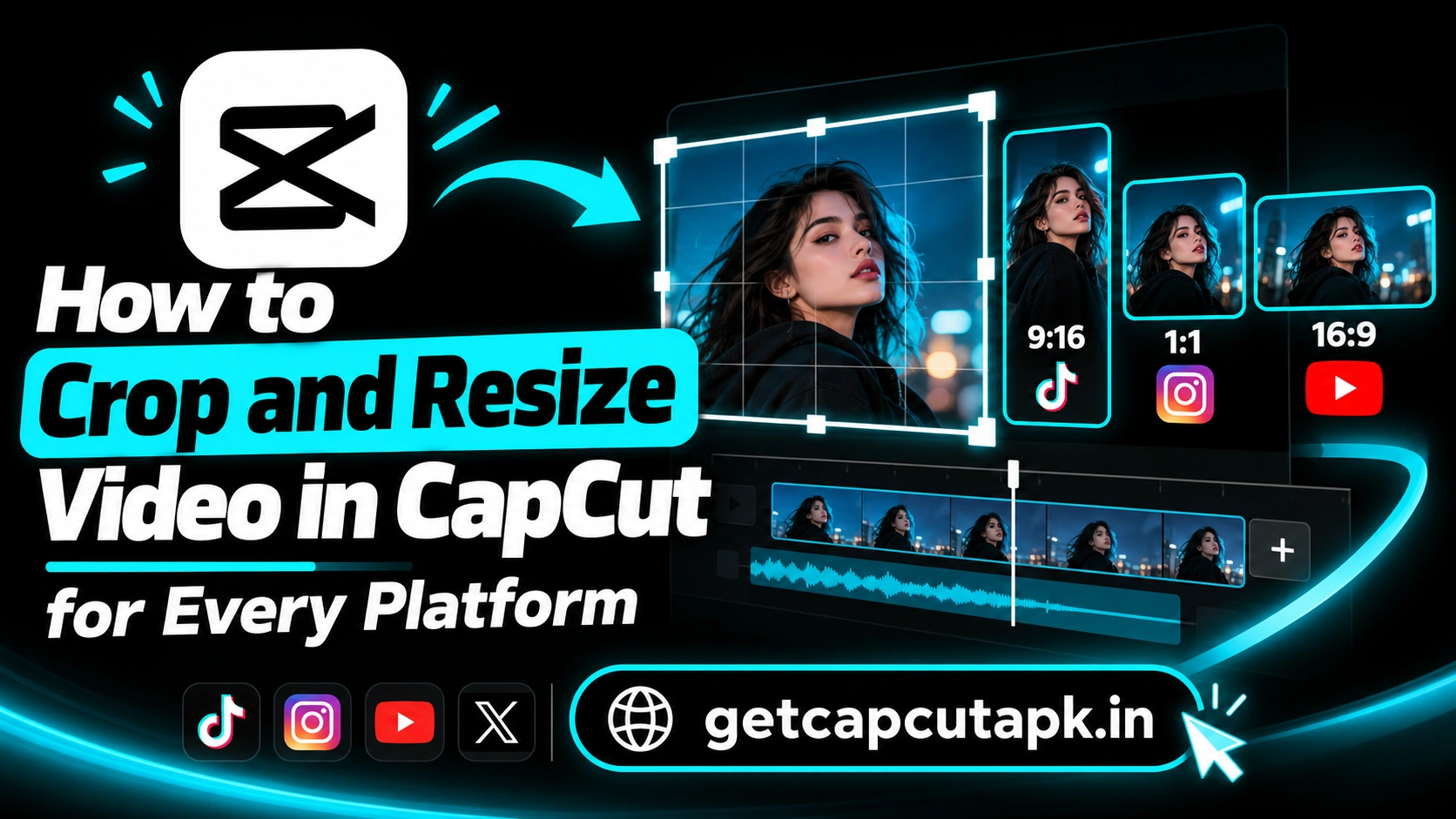 How to Crop and Resize Video in CapCut for Every Platform, showing aspect ratio guides, crop handles, platform-friendly layouts, and getcapcutapk.in branding.