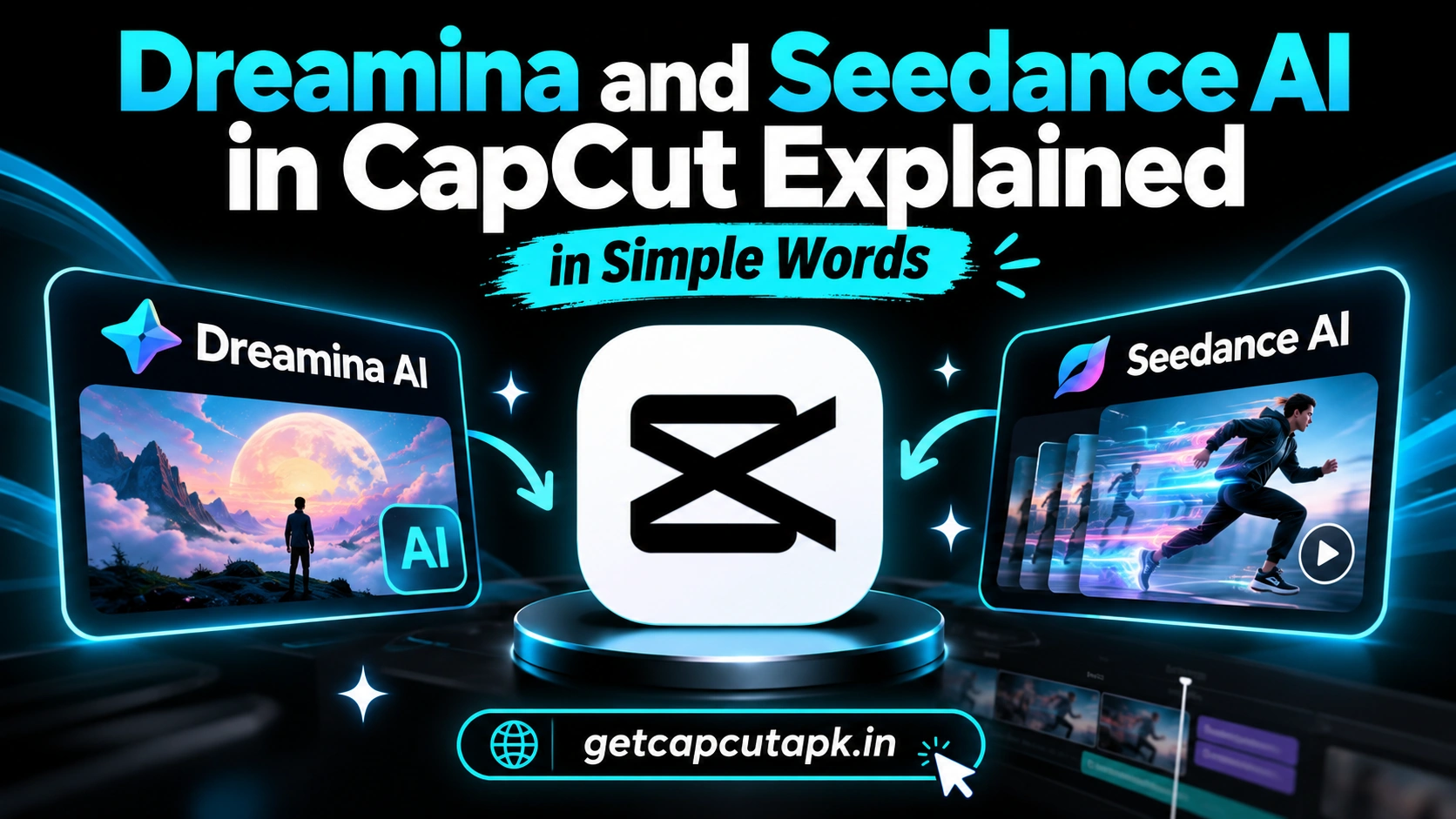 Dreamina and Seedance AI in CapCut Explained in Simple Words, showing Dreamina AI, Seedance AI, creative media cards, and getcapcutapk.in branding.