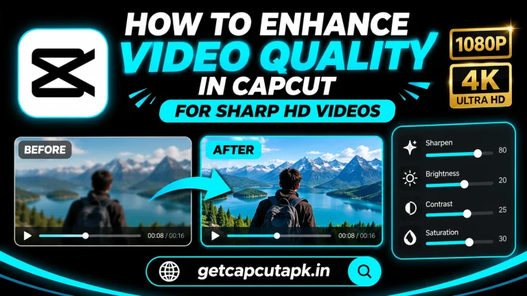 How to Enhance Video Quality in CapCut for Sharp HD Videos, showing before-and-after quality enhancement, sharp HD visuals, black background, cyan highlights, and getcapcutapk.in branding.