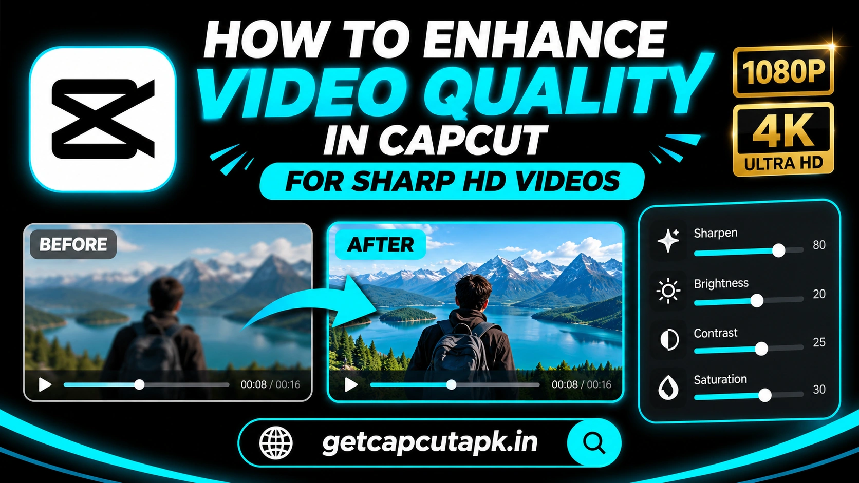 How to Enhance Video Quality in CapCut for Sharp HD Videos, showing before-and-after quality enhancement, sharp HD visuals, black background, cyan highlights, and getcapcutapk.in branding.
