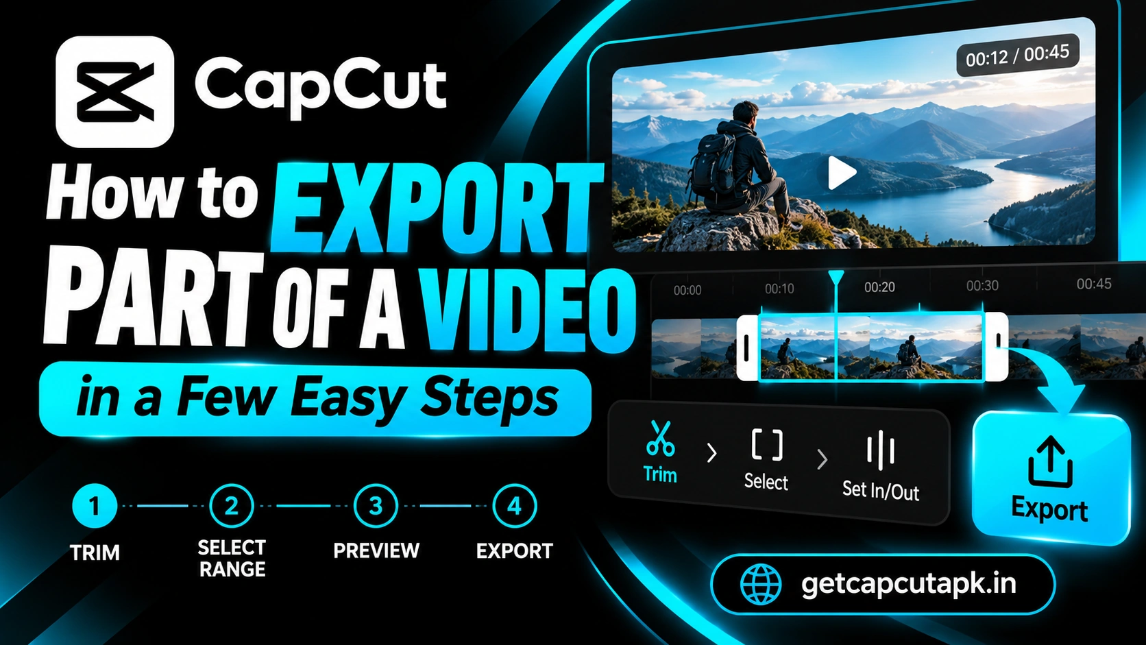 How to Export Part of a Video in CapCut in a Few Easy Steps, showing timeline selection, export tools, black background, cyan highlights, and getcapcutapk.in branding.