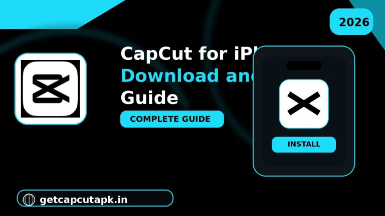 CapCut for iPhone Download and Install Guide, showing an iPhone with the CapCut app, download and install steps, Apple mobile styling, and getcapcutapk.in branding.