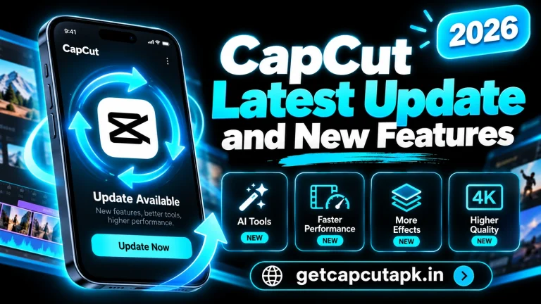 CapCut Latest Update and New Features, showing an update available screen, new tools, performance improvements, black background, cyan accents, and getcapcutapk.in branding.