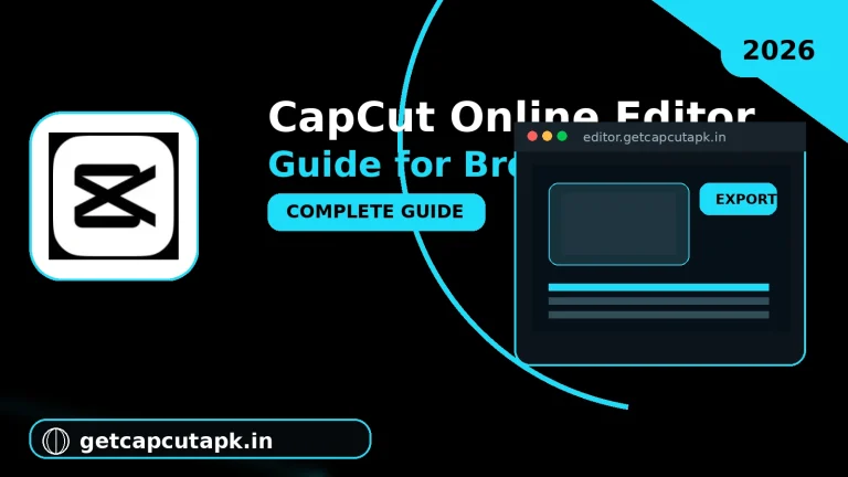 CapCut Online Editor Guide for Browser Users, showing a browser-based video editor interface, play and export controls, CapCut-style branding, and getcapcutapk.in.