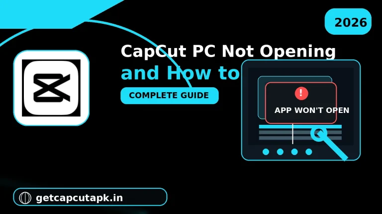 CapCut PC Not Opening and How to Fix It, showing a desktop error screen, repair tools, restart icon, CapCut-style branding, and getcapcutapk.in.