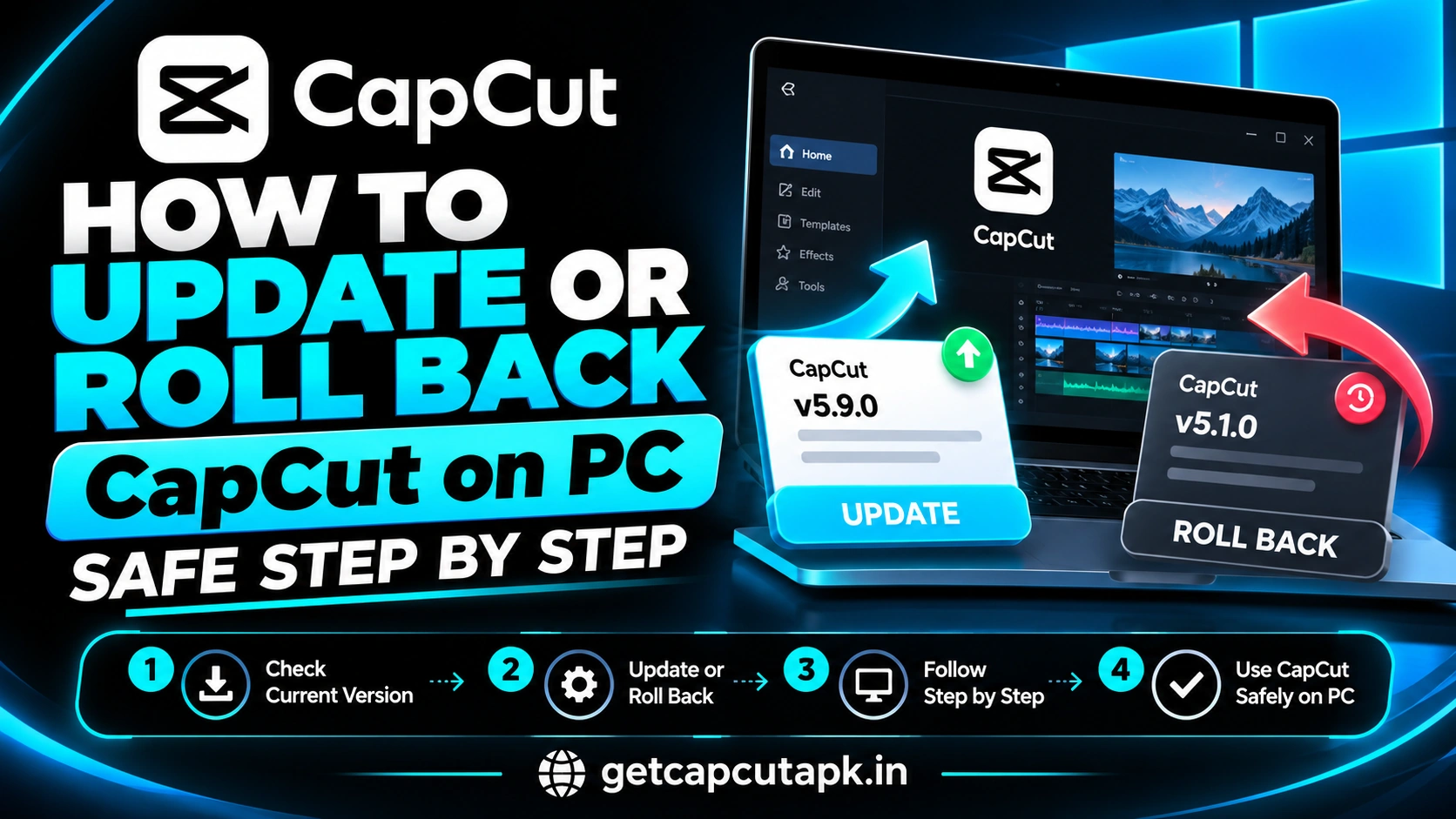 How to Update or Roll Back CapCut on PC Safe Step by Step, showing update and rollback controls on PC, black background, cyan highlights, and getcapcutapk.in branding.