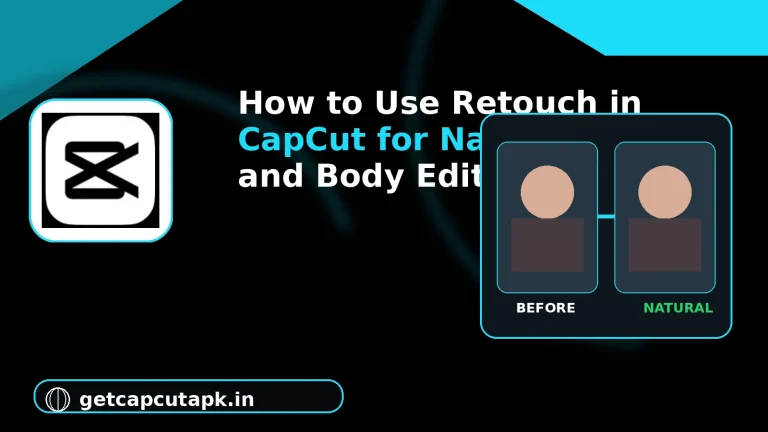 How to Use Retouch in CapCut for Natural Face and Body Edits, showing subtle before-and-after retouching controls with getcapcutapk.in branding.