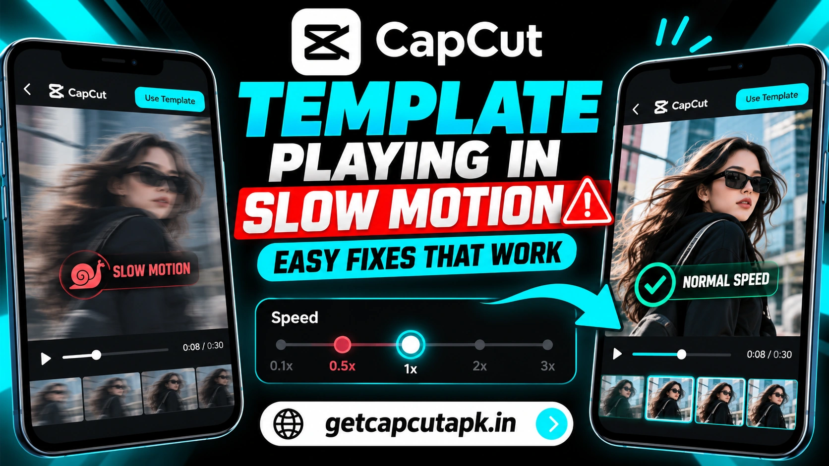 CapCut Template Playing in Slow Motion Easy Fixes That Work, showing template speed issues, timeline fixes, black background, cyan highlights, and getcapcutapk.in branding.