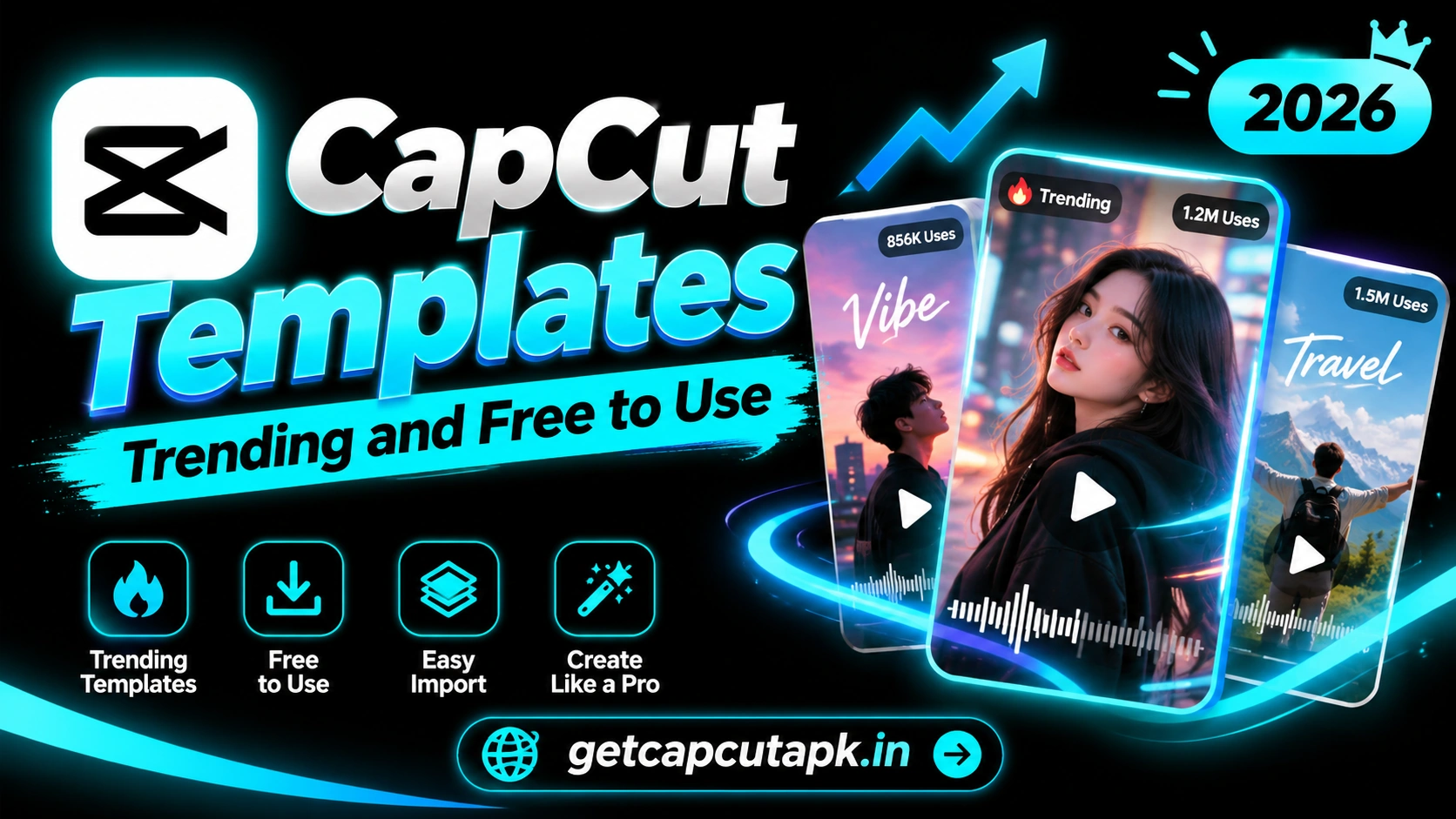 CapCut Templates Trending and Free to Use, showing trending template cards, usage counts, black background, cyan accents, and getcapcutapk.in branding.
