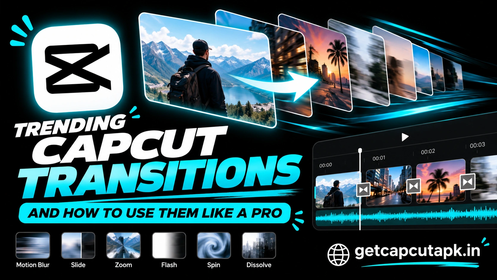 Trending CapCut Transitions and How to Use Them Like a Pro, showing stylish transition previews, editing flow, black background, cyan highlights, and getcapcutapk.in branding.