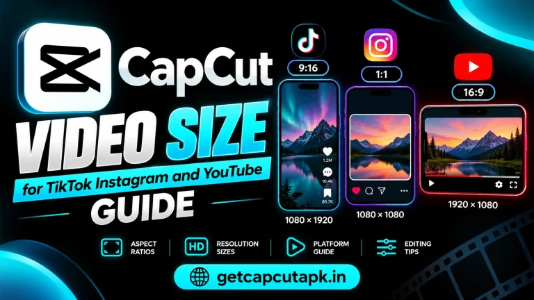 CapCut Video Size for TikTok Instagram and YouTube Guide, showing platform aspect ratios, video sizes, and resolution guides with getcapcutapk.in branding.