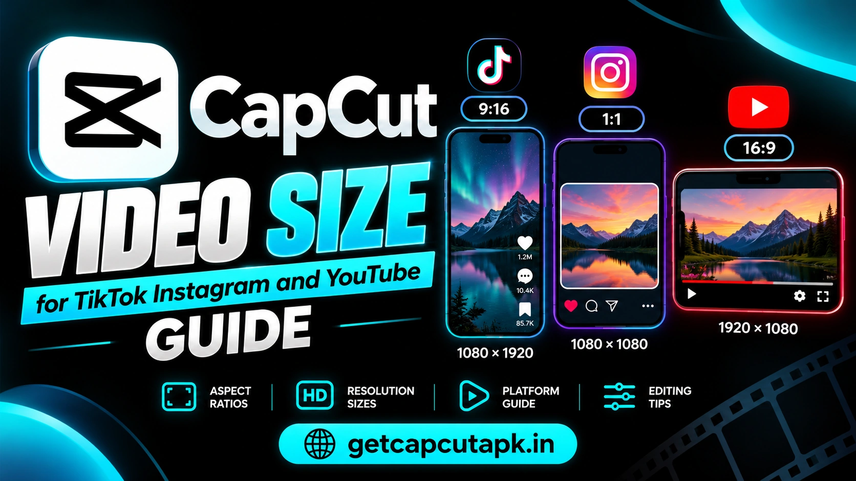 CapCut Video Size for TikTok Instagram and YouTube Guide, showing platform aspect ratios, video sizes, and resolution guides with getcapcutapk.in branding.