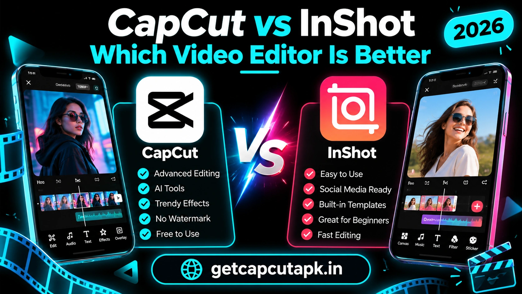 CapCut vs InShot Which Video Editor Is Better, showing a side-by-side app comparison with feature checklists, black background, cyan accents, and getcapcutapk.in branding.