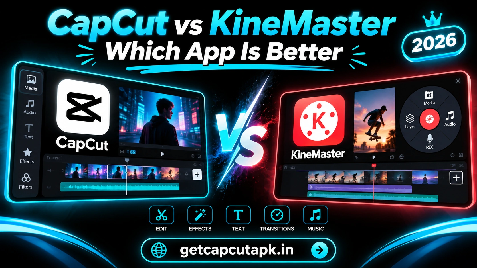 CapCut vs KineMaster Which App Is Better, showing a side-by-side editing interface comparison, black background, cyan accents, and getcapcutapk.in branding.