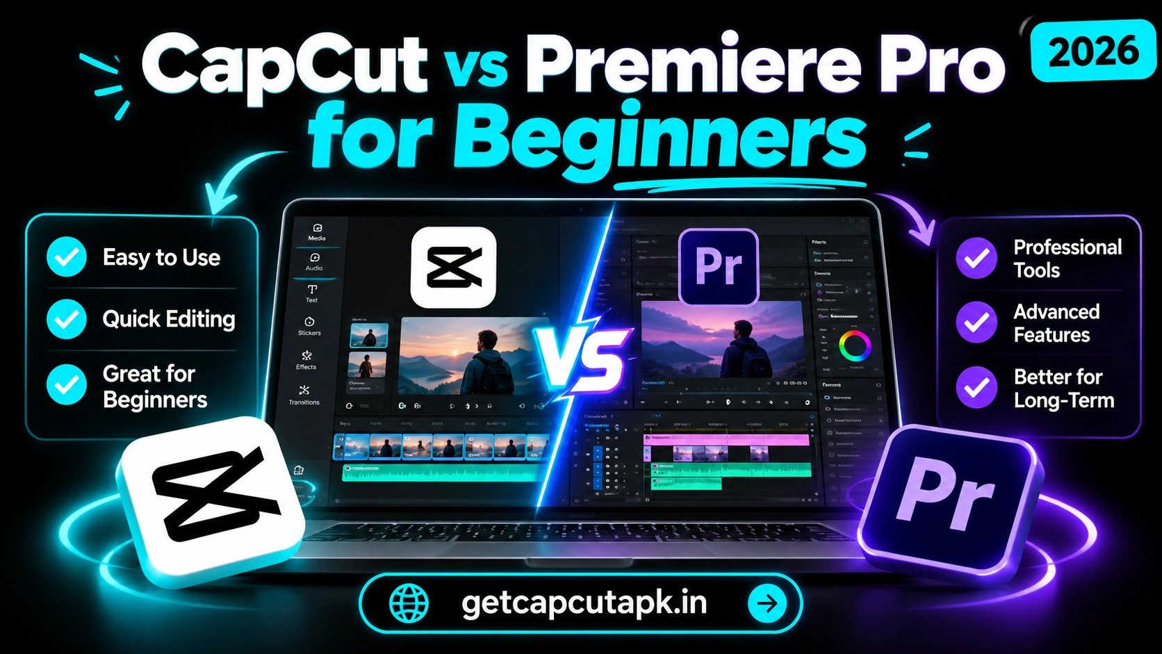 CapCut vs Premiere Pro for Beginners, showing a laptop split-screen comparison of CapCut and Premiere Pro, black background, cyan accents, and getcapcutapk.in branding.