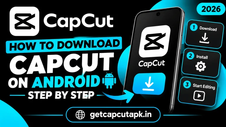 How to Download CapCut on Android Step by Step, with step-by-step Android download visuals, CapCut logo, download panels, cyan highlights, and getcapcutapk.in branding.