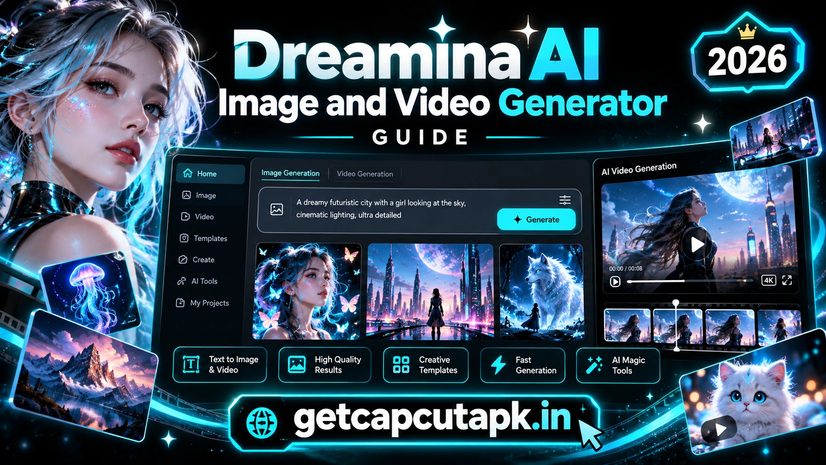 Dreamina AI Image and Video Generator Guide, showing AI image and video generation panels, creative previews, black background, cyan neon accents, and getcapcutapk.in branding.