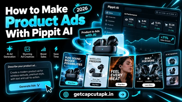 How to Make Product Ads With Pippit AI, showing AI-generated ad creative cards, analytics panels, black background, cyan neon accents, and getcapcutapk.in branding.