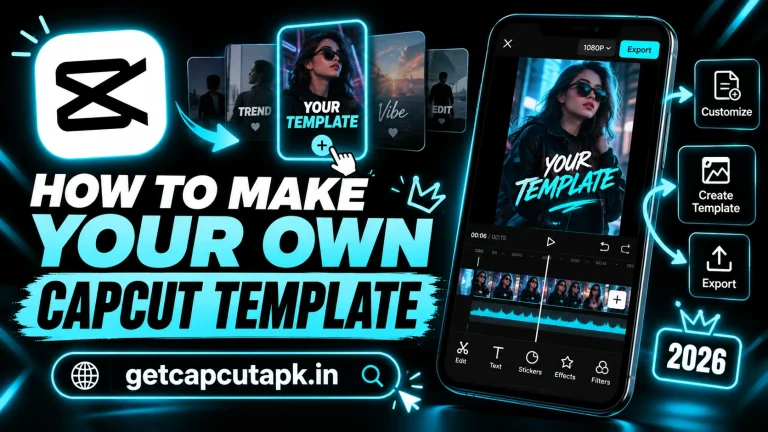 How to Make Your Own CapCut Template, showing a CapCut template creation workflow with a smartphone editor, template cards, black background, cyan neon accents, and getcapcutapk.in branding.