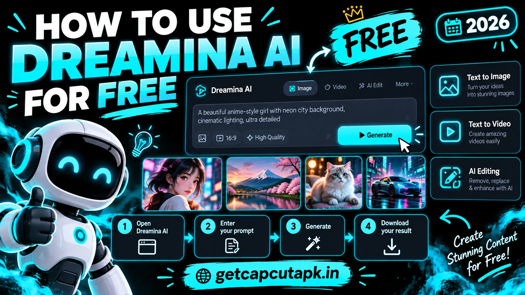 How to Use Dreamina AI for Free, showing a Dreamina AI tutorial workflow with prompts, generated results, black background, cyan neon accents, and getcapcutapk.in branding.