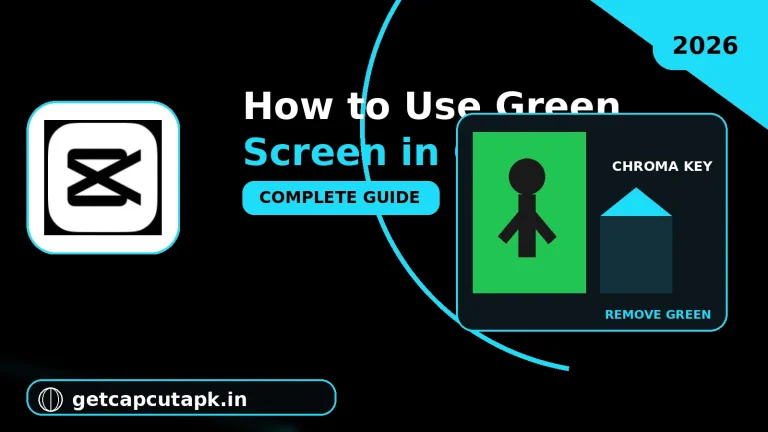 How to Use Green Screen in CapCut, showing chroma key editing with a green background, subject cutout, timeline controls, and getcapcutapk.in.