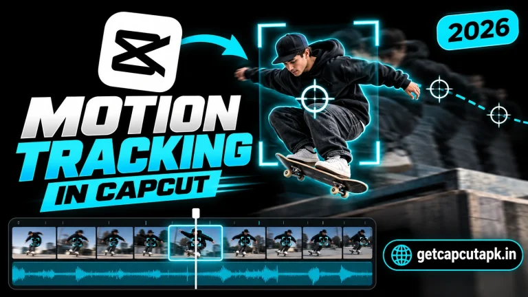 How to Use Motion Tracking in CapCut, showing a skateboarder with tracking target boxes, timeline thumbnails, black background, cyan accents, and getcapcutapk.in branding.
