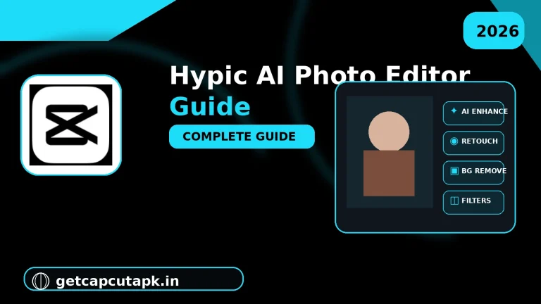 Hypic AI Photo Editor Guide, showing AI photo enhancement, retouching and background tools in a modern editor interface with black and cyan styling and getcapcutapk.in branding.