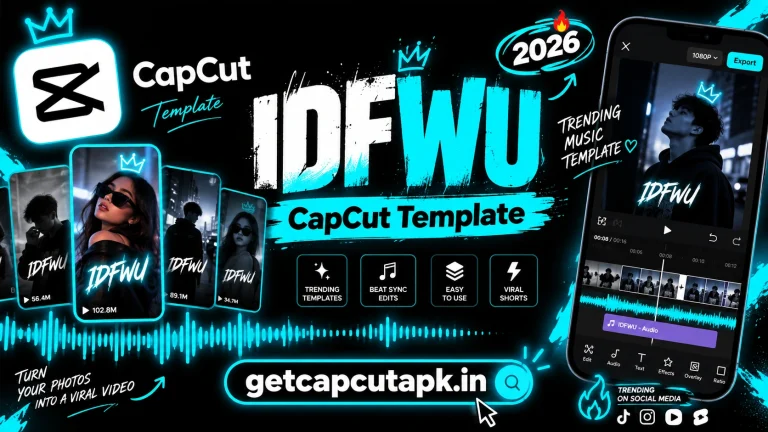 IDFWU CapCut Template, showing music-based template previews, an editing phone screen, black background, cyan neon accents, and getcapcutapk.in branding.