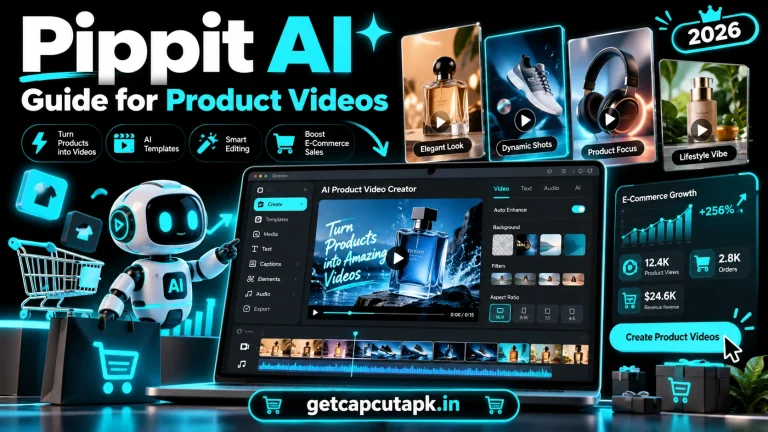 Pippit AI Guide for Product Videos, showing e-commerce product video creation, dashboard panels, black background, cyan neon accents, and getcapcutapk.in branding.