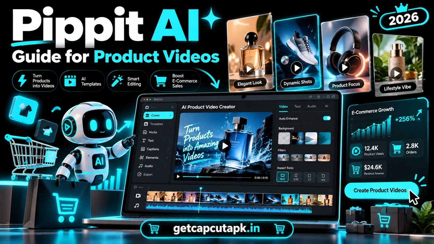 Pippit AI Guide for Product Videos, showing e-commerce product video creation, dashboard panels, black background, cyan neon accents, and getcapcutapk.in branding.
